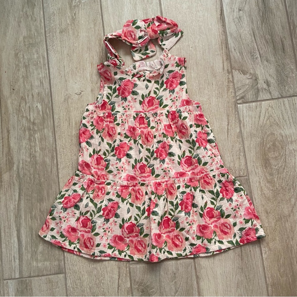 Mud Pie Girls 3T Cotton Linen Floral Pink Green Dress Bow Head Band New